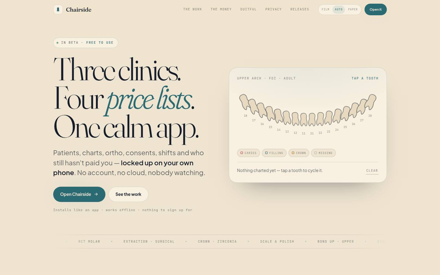Chairside landing page on a laptop